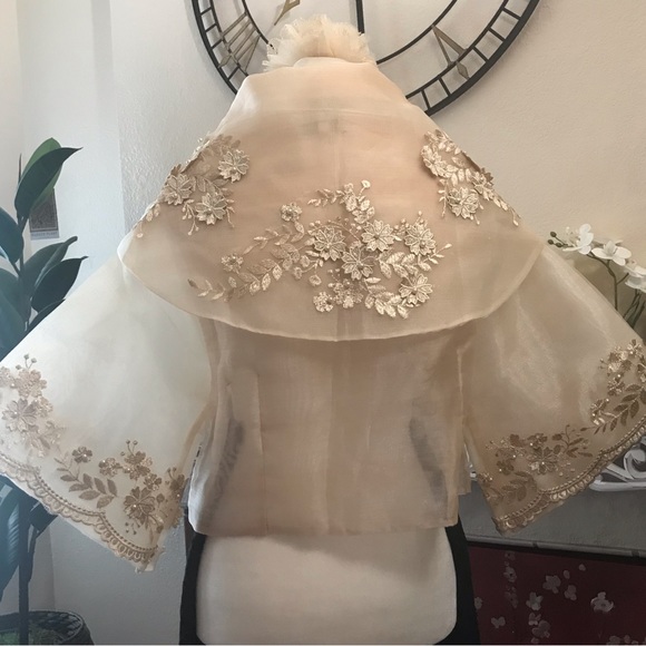 Cream Beige Piña Organza Maria Clara Filipiniana blouse w/ classic embroidery - Picture 5 of 17